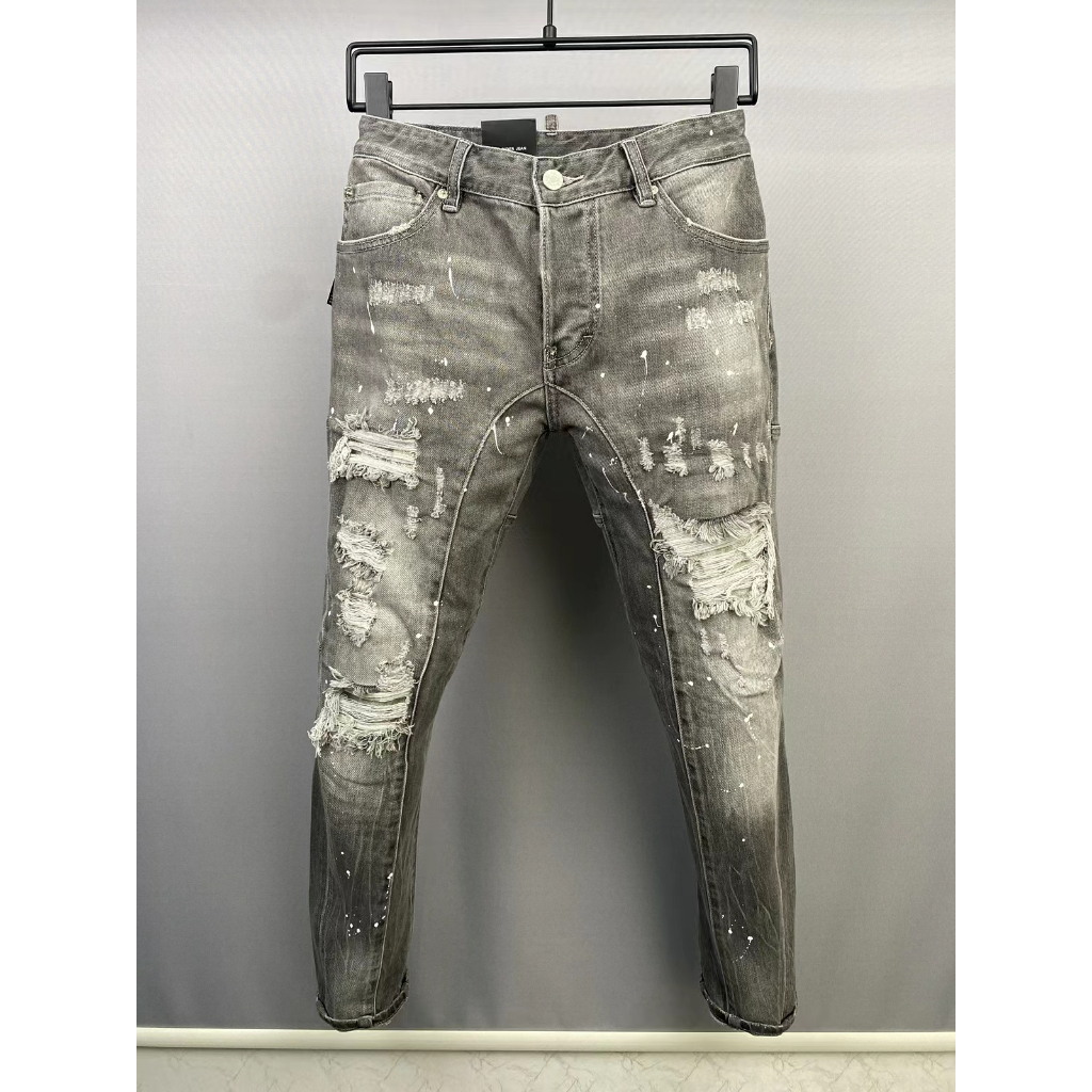 DSQUARED2牛仔褲D2牛仔褲潮牌牛仔褲灰色褲子刮破牛仔褲修身顯瘦小腳長褲百搭個性純棉休閒褲微彈潮流中低腰牛仔褲