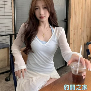 【豹開之家】純欲風套裝V領薄款罩衫T恤女夏季小眾內搭掛脖背心時尚兩件套上衣 防曬衣服 短版顯瘦背心 女生長袖T恤R310