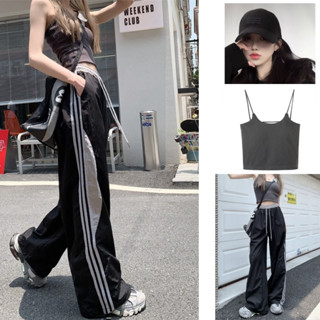 $免運$ 【coolgirl】闊腿褲女 美式高街 速乾褲子女 薄寬長褲 條紋拼接直筒褲 直筒垂感 小眾休閒 運動闊腿褲