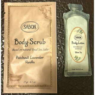 (低價）全新效期，Sabon 專櫃貨，sabon經典身體磨砂膏15g/以色列綠玫瑰沐浴油 15ml/白茶身體乳液5ml