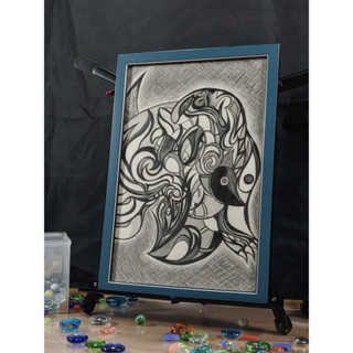 作品:古生命-腕龍與鸚鵡螺( 素描畫作,印象派,黑白藝術,幾何畫作,附畫框 )