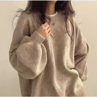 【Joybuy】韓系簡約圓領側開叉寬鬆燈籠袖針織毛衣女裝