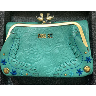 2手 ANNA SUI 安娜蘇 超美藍綠色 日式花紋鋼印 花朵鳥語 斷貨款 皮夾短夾中夾 零錢包 口金二つ折り財布
