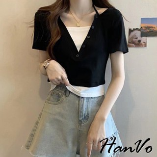 【HanVo】V領造型假兩件式上衣 親膚柔軟舒適百搭 韓系女裝 女生衣著 A01-0289