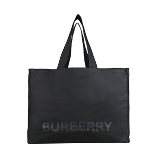 BURBERRY字母印花LOGO尼龍按釦式手提肩背購物包(黑)