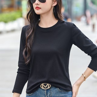長袖上衣 打底衫 內搭衣 秋冬上衣M-3XL 早秋季圓弧長袖t卹女款純色簡約休閒寬鬆顯瘦打底衫大尺碼上衣H412.319