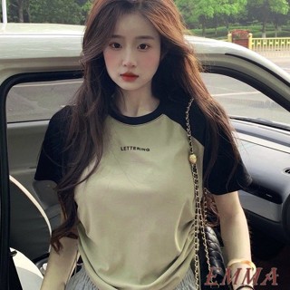 大尺碼純欲風夏裝胖妹妹韓版寬鬆百搭減齡正肩短袖t卹上衣女ins氣質百搭設計感撞色拼接圓領短袖T恤上衣小眾短款抽繩顯瘦T恤