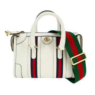 Gucci 展示品 金雙G織帶牛皮波士頓二用包(715771-白)