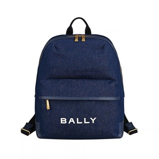 BALLY Bar燙印白字LOGO牛仔帆布拼接牛皮拉鍊後揹包(深藍)