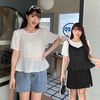 CCGIRL中大尺碼 溫柔優雅空氣感碎花拼接假兩件公主袖圓領上衣-適M～5L《32096》大尺碼女裝 中大尺碼上衣