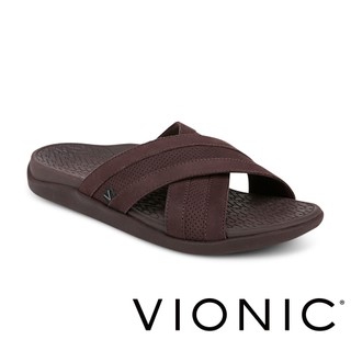 【VIONIC 法歐尼】Men's Tide泰德Slide 男款皮革交叉包覆腳背足弓拖鞋一片拖足弓鞋(黑/咖 共兩色)
