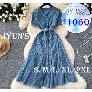 JYUN'S 新款法式高階感小香風V領金屬排扣收腰顯瘦網紗拼接蕾絲荷葉邊連身裙短袖洋裝附腰帶大尺碼2色S~2XL預購