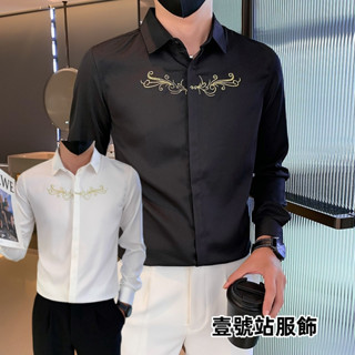 男士刺繡長袖襯衫 春秋季 新款 高階感 痞帥 修身 上衣 青年 韓版 潮流 帥氣 百搭 襯衫男（FA1002）【壹號站】