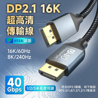 DP2.1 40Gbps 16K/60Hz 8K/240Hz VESA協會認證 公對公 高清傳輸線