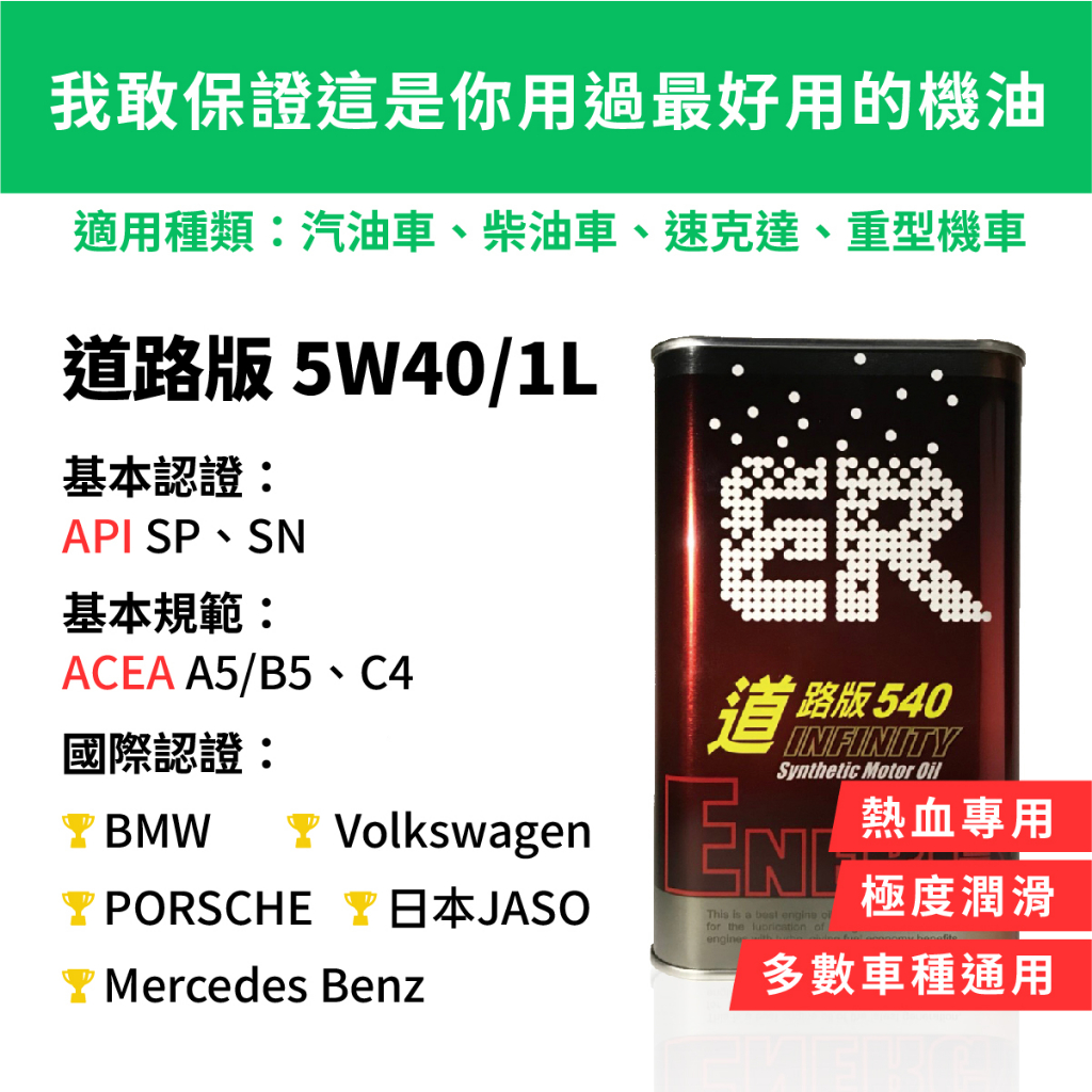 【ER酯類機油】 5W40 熱血款 通過API SP、SN等級 符合ACEA A5/B5及C4規範