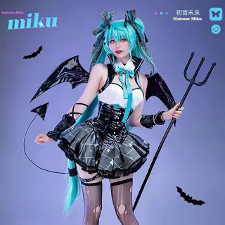初音未來cos服 萬聖節cos 小惡魔 初音假髮 束身衣 浣熊聯動MIKU拉斯卡爾cosplay服裝 人形制衣
