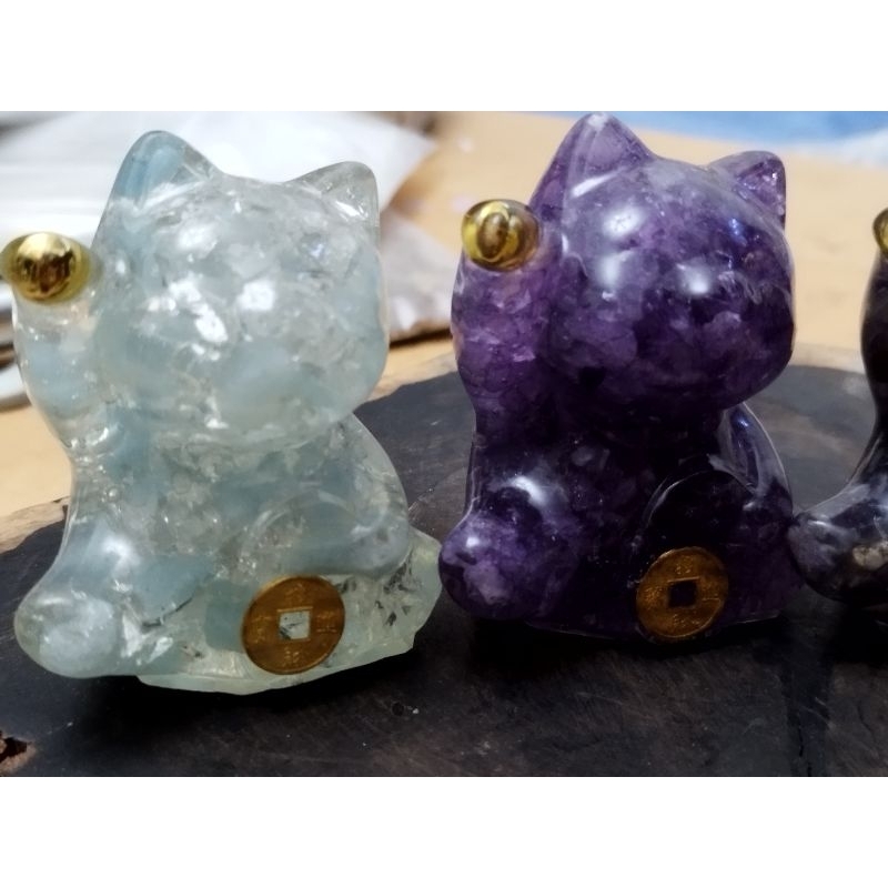 果凍水晶招財貓、獨角獸擺件裝飾品(紫水晶黃水晶海水藍彩色碧璽原礦)下單請備註款式哦