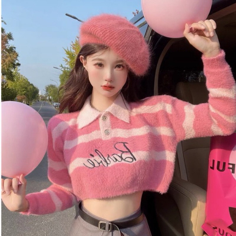 ♥《Queen’s love》芭比 條紋 短版 毛衣 上衣 冬天 女裝 多巴胺 Y2K 旅遊 生日 韓系 日系 女團