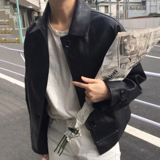 🩶現貨🩶百搭韓妞chic短板秋季冬季復古帥氣翻領單排扣 寬鬆長袖皮外套 皮衣 防風外套合成皮革短外套女
