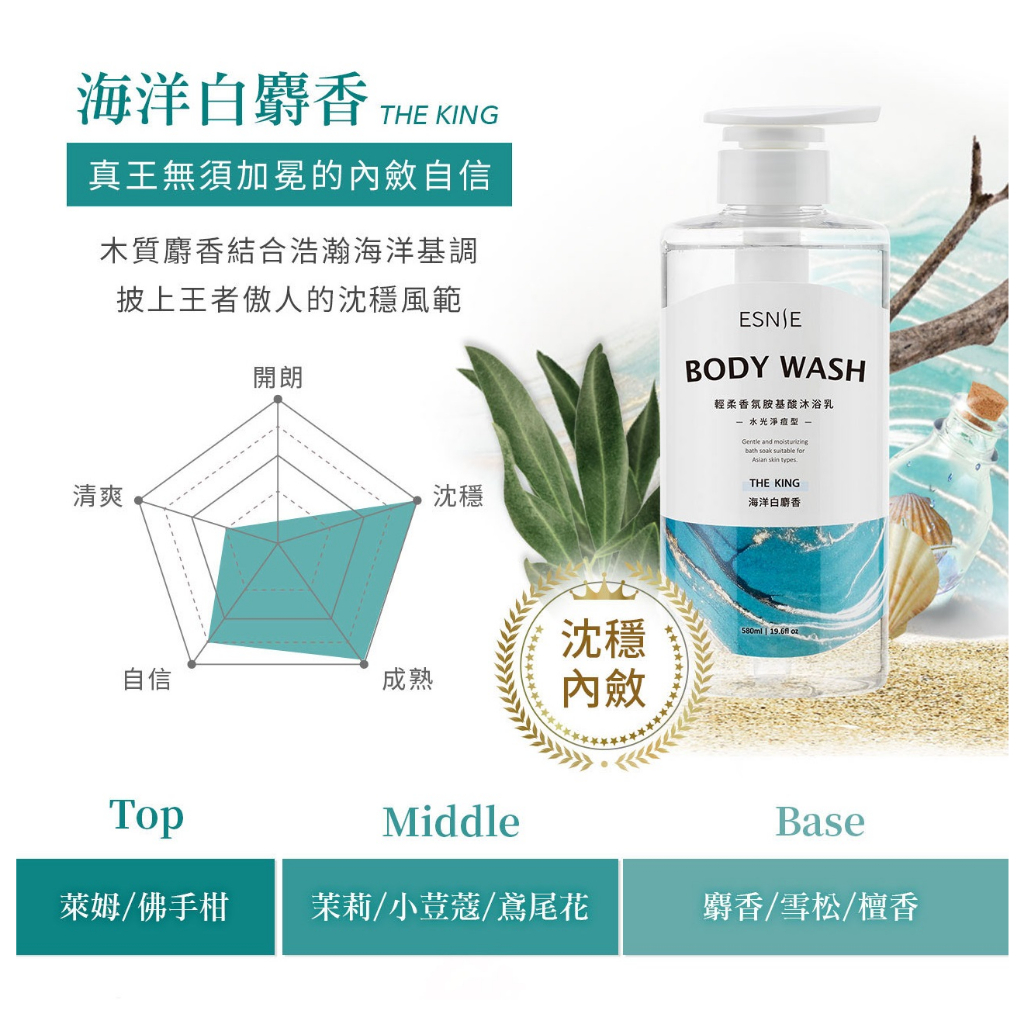 ESNIE 伊絲妮 沐浴乳-海洋白麝香580ml胺基酸★輕柔香氛★高效保濕★香水特調★溫和潔淨★天然香氛