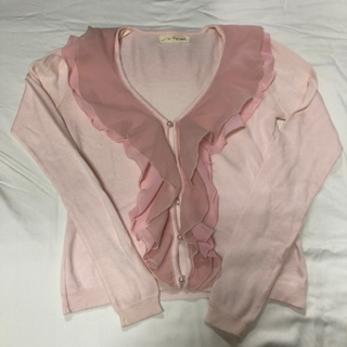 日本製 荷葉滾邊 針織外套 珍珠釦 粉色上衣 143