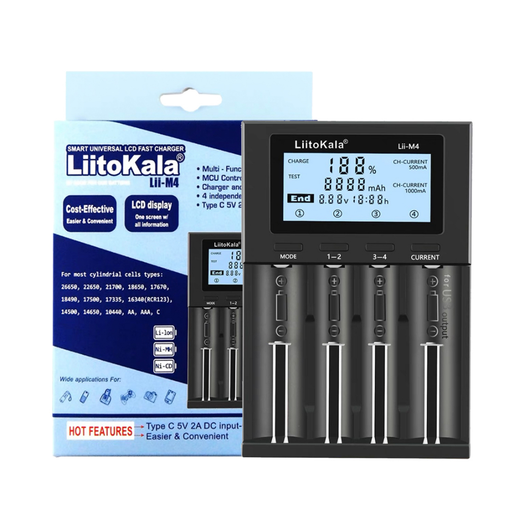 多功能充電器 LiitoKala lii-M4 18650 26650 鋰電池充電器 電池容量檢測 四槽獨立充電器