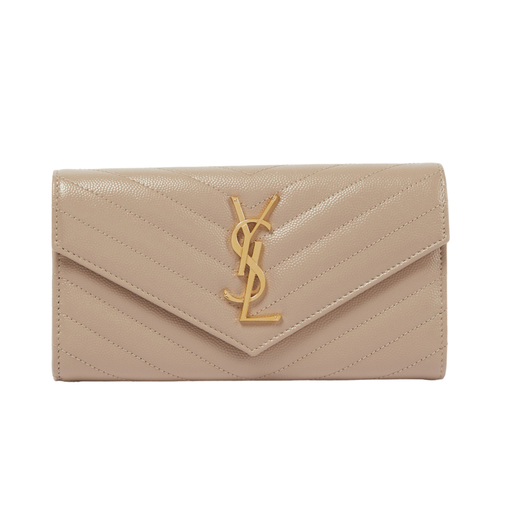 【YSL】SAINT LAURENT Monogram 皮革 信封式 扣式 皮夾 長夾 米色 金色