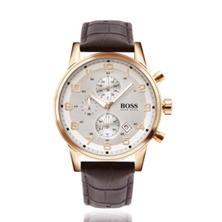 【HUGO BOSS】玫瑰金殼 白面 棕色皮革錶帶 三眼計時腕錶(1512519)
