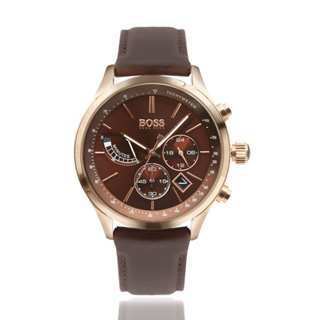 【HUGO BOSS】玫瑰金殼 咖啡色面 棕紅色皮革錶帶 三眼計時腕錶(1513605)