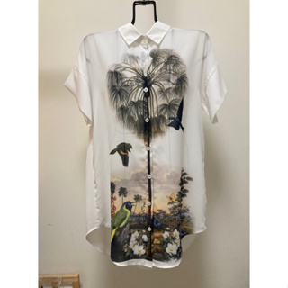 CHENG DA品牌小鳥花卉風景圖 白雪紡長版上衣 襯衫
