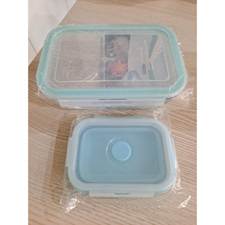 全新藍色 愛佳寶 分隔耐熱玻璃保鮮盒(附贈矽膠摺疊保鮮盒)