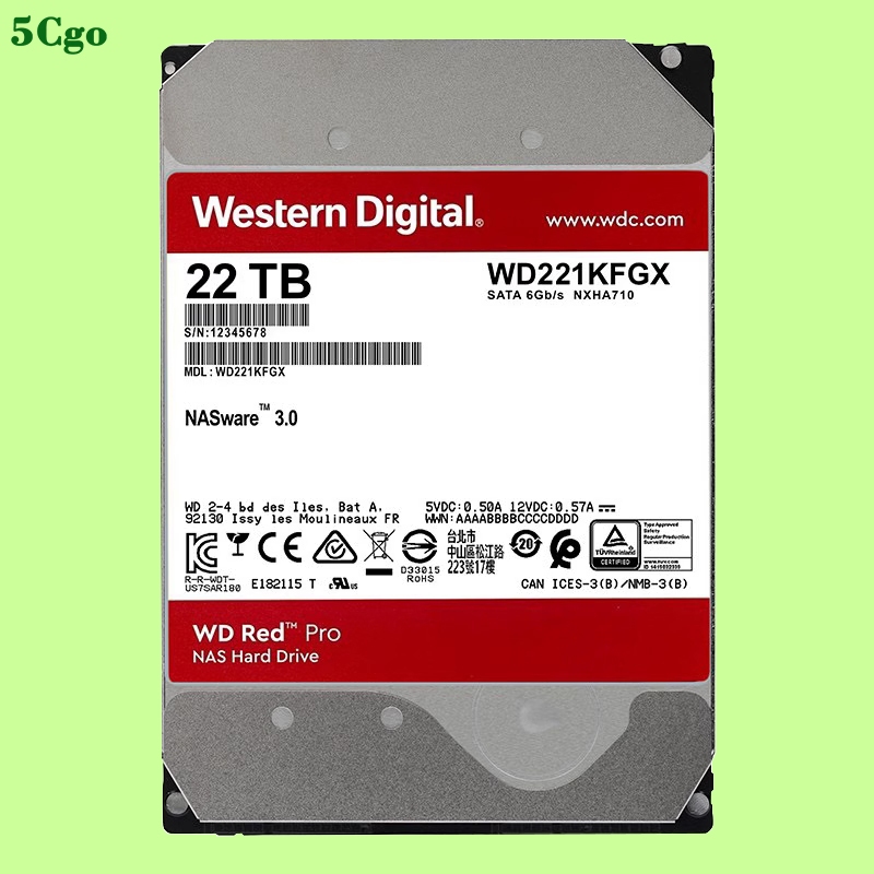 5Cgo.【含稅】WD/西部數據  WD221KFGX 22TB 3.5寸 紅標PRO網絡存儲NAS專用伺服器機械企業級