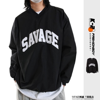 【K-2】SAVAGE 大刺繡 V領風衣 球衣 V領長袖 潮流上衣 單車衣 韓國 長袖 上衣 衣服 V領【KC32】