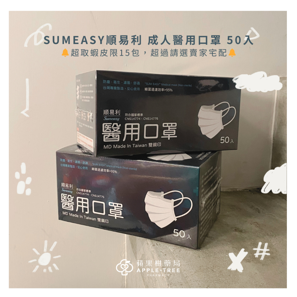 【蘋果樹藥局】SUMEASY順易利 台灣製造成人醫用口罩 MD雙鋼印 50【蘋果樹藥局】