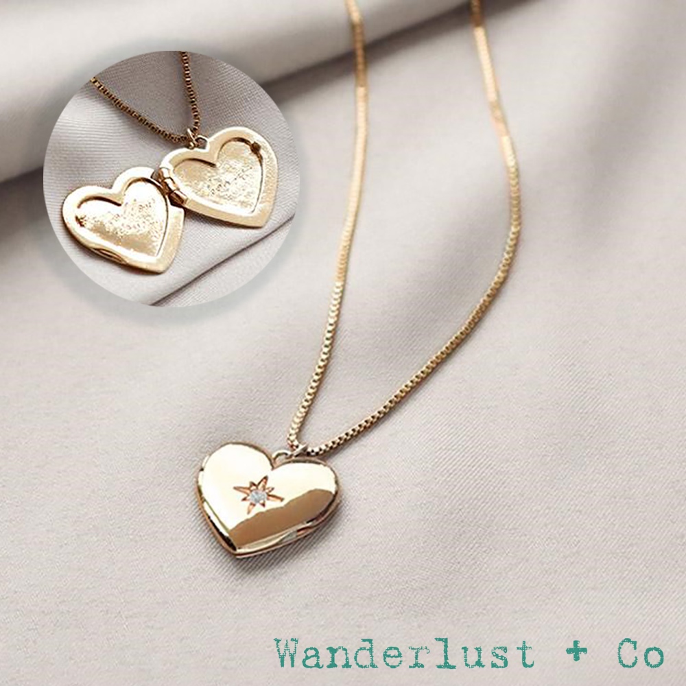 Wanderlust+Co 澳洲品牌 鑲鑽相本愛心項鍊 金色亮面款 Heart Locket 常駐我心