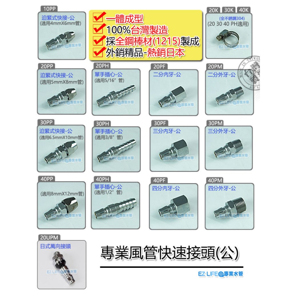 《EZ LIFE 專業水管》專業級快速接頭公 台灣製 空壓機噴槍釘槍風管 易安裝省力 打蠟風槍刻磨機 蝦牌