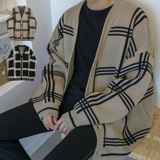 [HYC] 韓國代購 極簡 大格子 寬鬆 針織 開襟外套 罩衫 毛衣 落肩 厚實 日系 條紋罩衫 學院風 格紋 V領襯衫