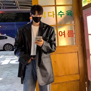 皮衣外套男 中長款皮衣 2023春秋季 高階感西服 美式潮牌痞帥大衣夾克風衣 中長版風衣 風衣