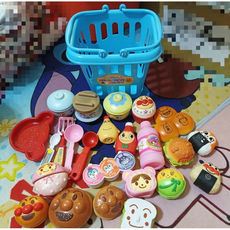 二手 廚房玩具 扮家家酒 麵包超人食物組+購物籃+廚房配件