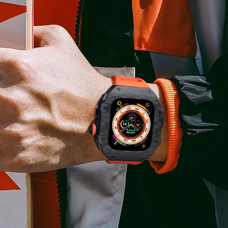 《台灣出貨》HUALIMEI apple WATCH S9/8/7 44/45mm 高級感碳纖維改裝殼 氟橡膠錶帶套裝