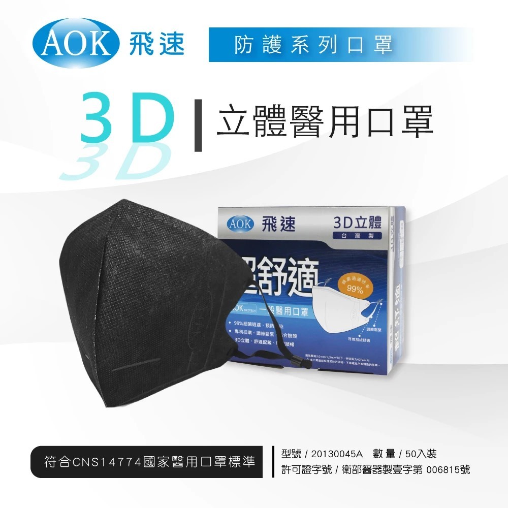 【AOK 飛速】 3D立體醫用口罩｜50入/ 盒｜藍色/黑色｜3種尺寸｜調節扣可調整耳帶鬆緊｜