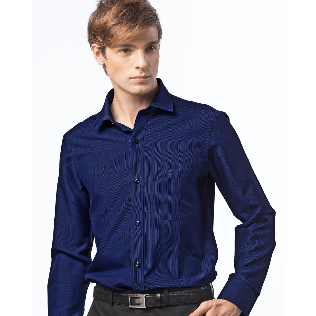【羅德貝爾】深藍底直紋長袖修身襯衫 / 抗皺 舒適透氣