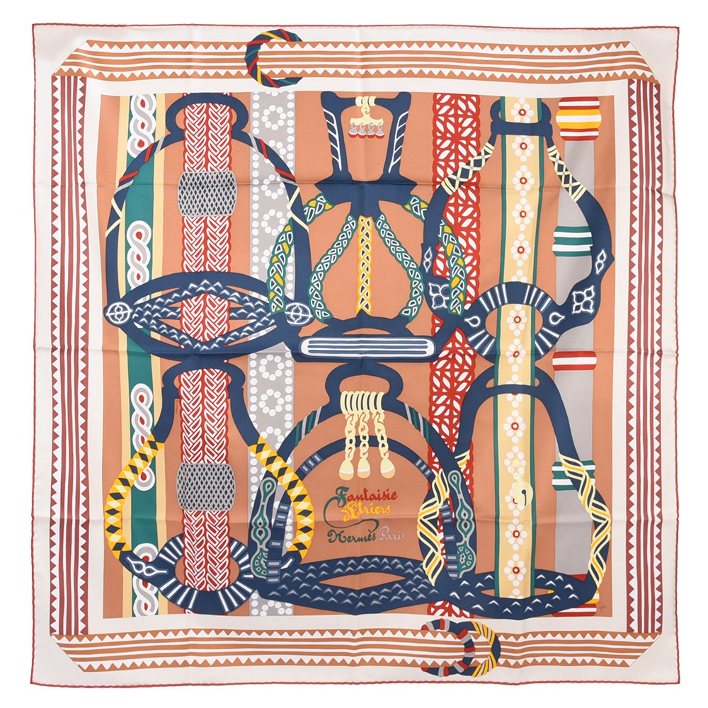 HERMES Fantaisie d Etriers馬鐙交織斜紋真絲方巾90cm(粉橘)370068