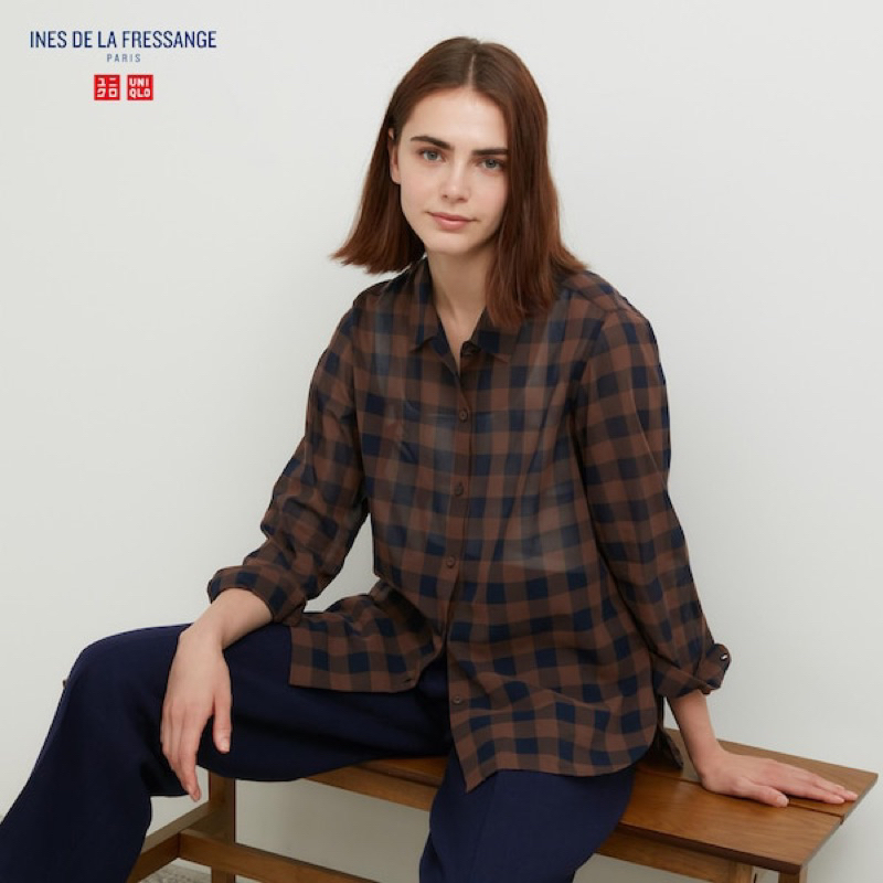 Uniqlo女裝 INES DE LA FRESSANGE棉質透膚格紋襯衫 463562 日版咖啡 現貨