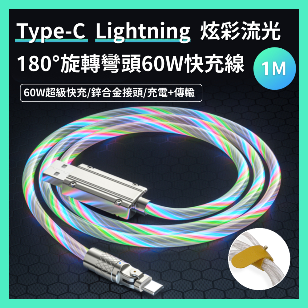 台灣現貨 Type-C Lightning RGB發光充電線 呼吸燈充電線 夜光充電線 60W 3A 收納綁帶