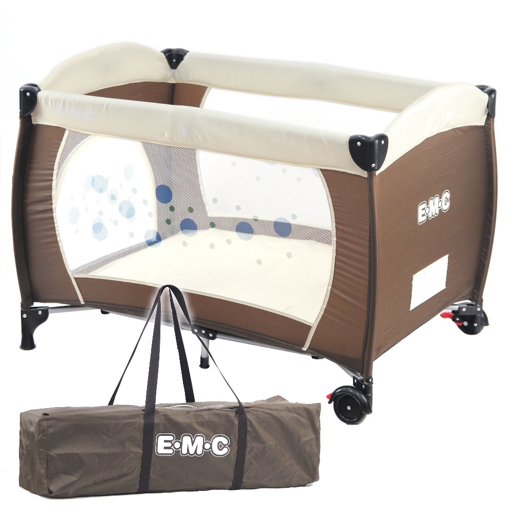 【二手】EMC 安全嬰兒床(具遊戲功能)嬰幼兒安全遊戲床(咖啡色) 收納袋/可開側門