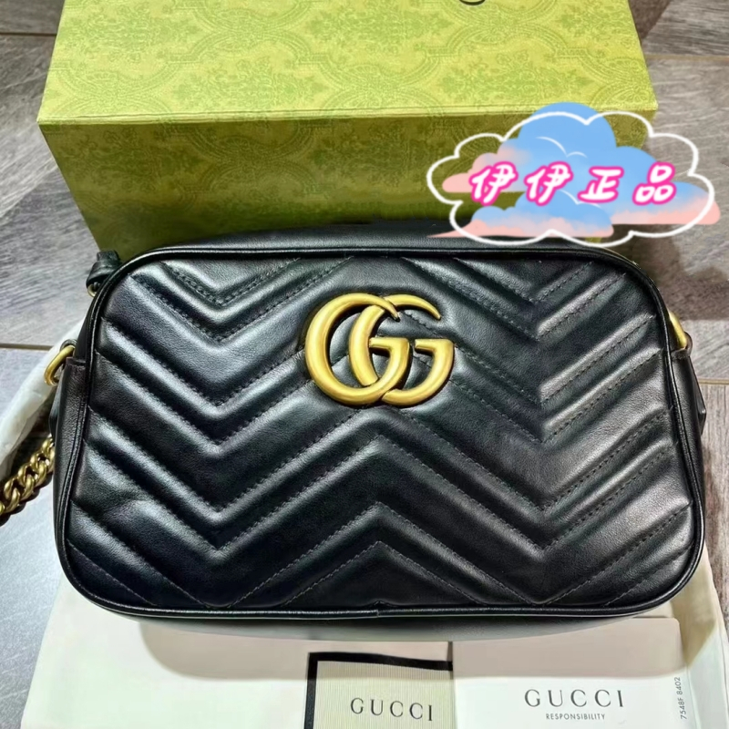 【伊伊正品】GUCCI 古馳 GG Marmont 絎縫皮革 中號 黑色/斜背包 447632  鏈條 相機包/單肩包小