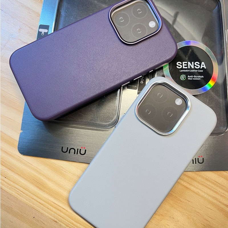 【UNIU】iPhone 15 Pro | SENSA 系列 羊皮手感磁吸殼 暗夜紫 / 迷霧灰