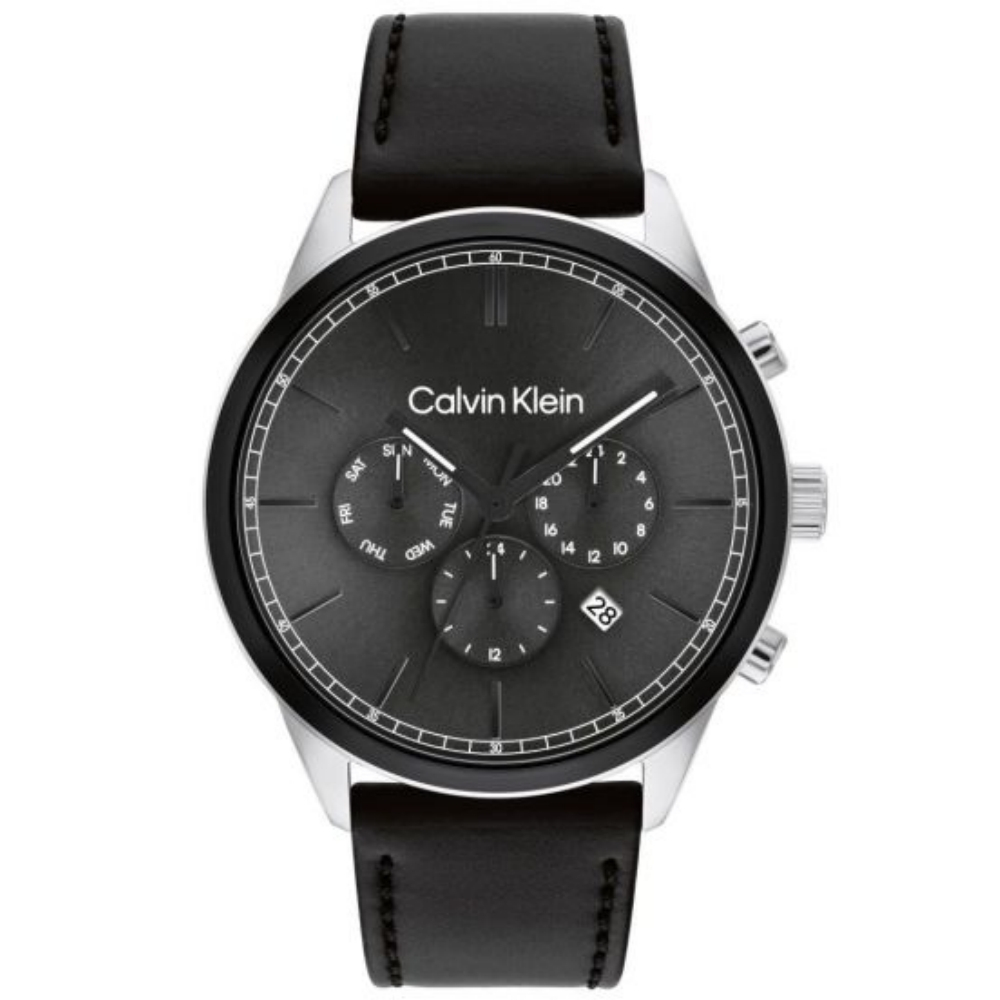 Calvin Klein CK 黑色簡約日曆皮革帶腕錶 44MM ( CK25200379 )