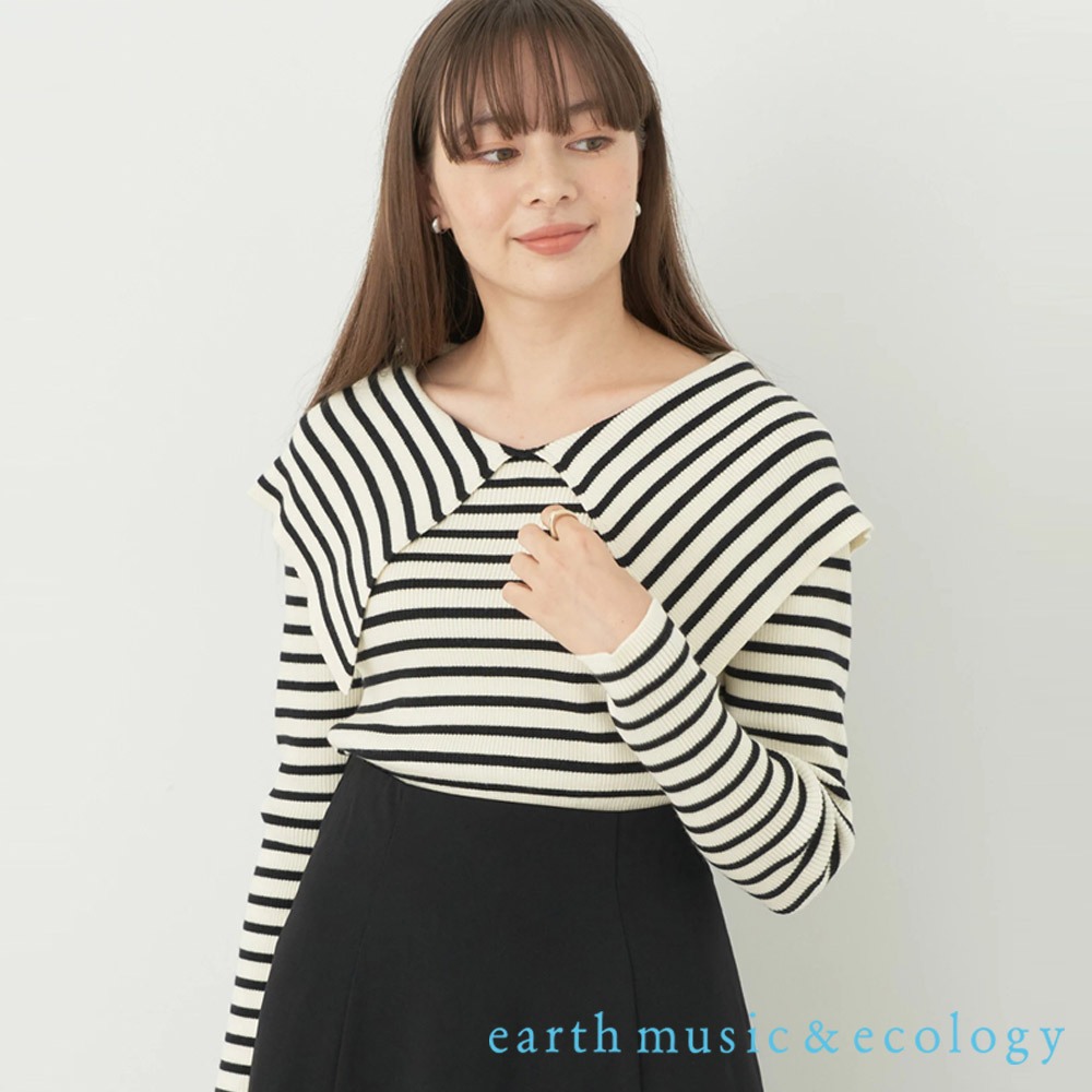 earth music&amp;ecology 素面/橫條紋翻領彈性羅紋針織衫(1M34L2C0300)